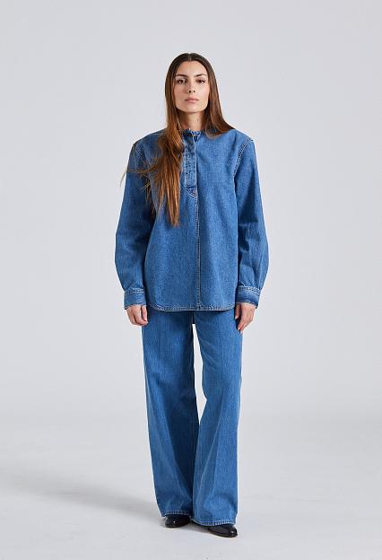 Toteme Collarless Denim Shirt Vibrant Blue 