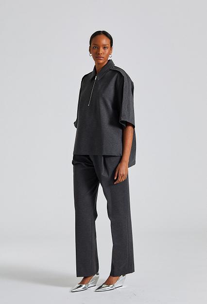 Victoria Beckham, Zip Detail Polo Top Steel Grey Melange 